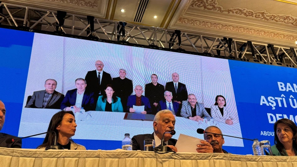 At a news conference Kurdish politician Ahmet Türk reads out a statement from Abdullah Öcalan, jailed leader of the Kurdistan Workers’ Party (PKK), calling on the organization to end its decades-long insurgency against Türkiye and disband. Istanbul, February 27, 2025. 