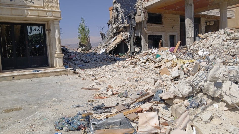 Destruction from an Israeli airstrike on September 25, 2024, that struck a residential building along the main Baalbek-Qaa highway near the road junction that leads into the center of the town of Younine, Lebanon. 