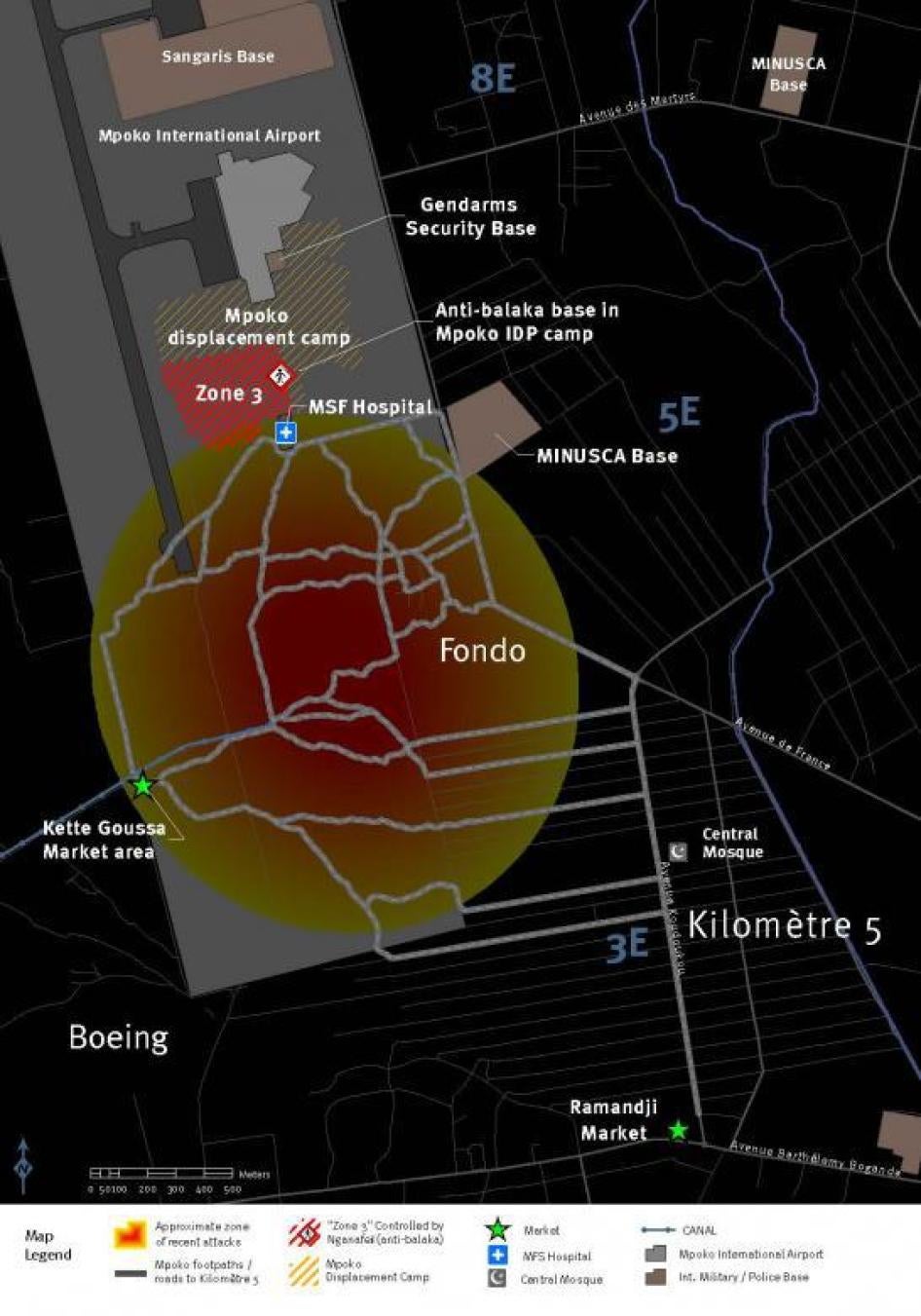 Map of the M’poko displacement camp and surrounding area.