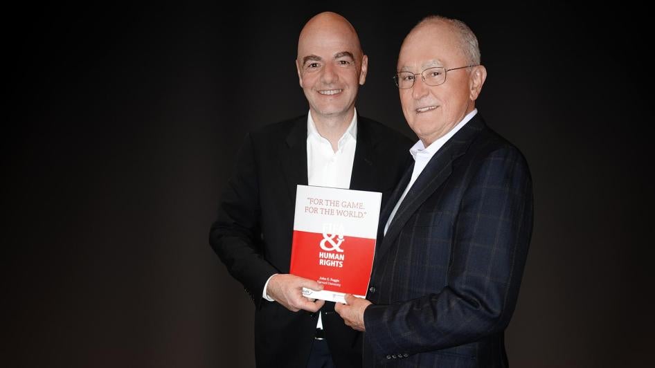 John Ruggie (r) meeting with FIFA President Gianni Infantino in New York City, April 13, 2016.