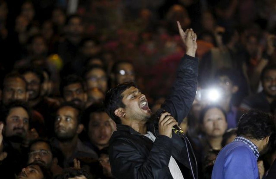 JNU student union leader Kanhaiya Kumar addresses students at the JNU campus in New Delhi, India on March 3, 2016. 