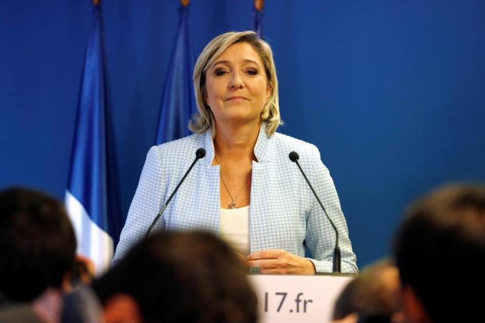 Marine Le Pen, French National Front (FN) political party leader, delivers a statement on U.S. election results at the party headquarters in Nanterre, France, November 9, 2016.