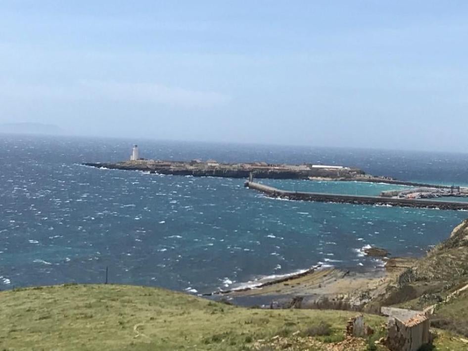 Isla de las Palomas, an island connected by a causeway to mainland Spain opposite the town of Tarifa, where an immigration detention center is located. The island is the southern-most point of the Iberian Peninsula and continental Europe.