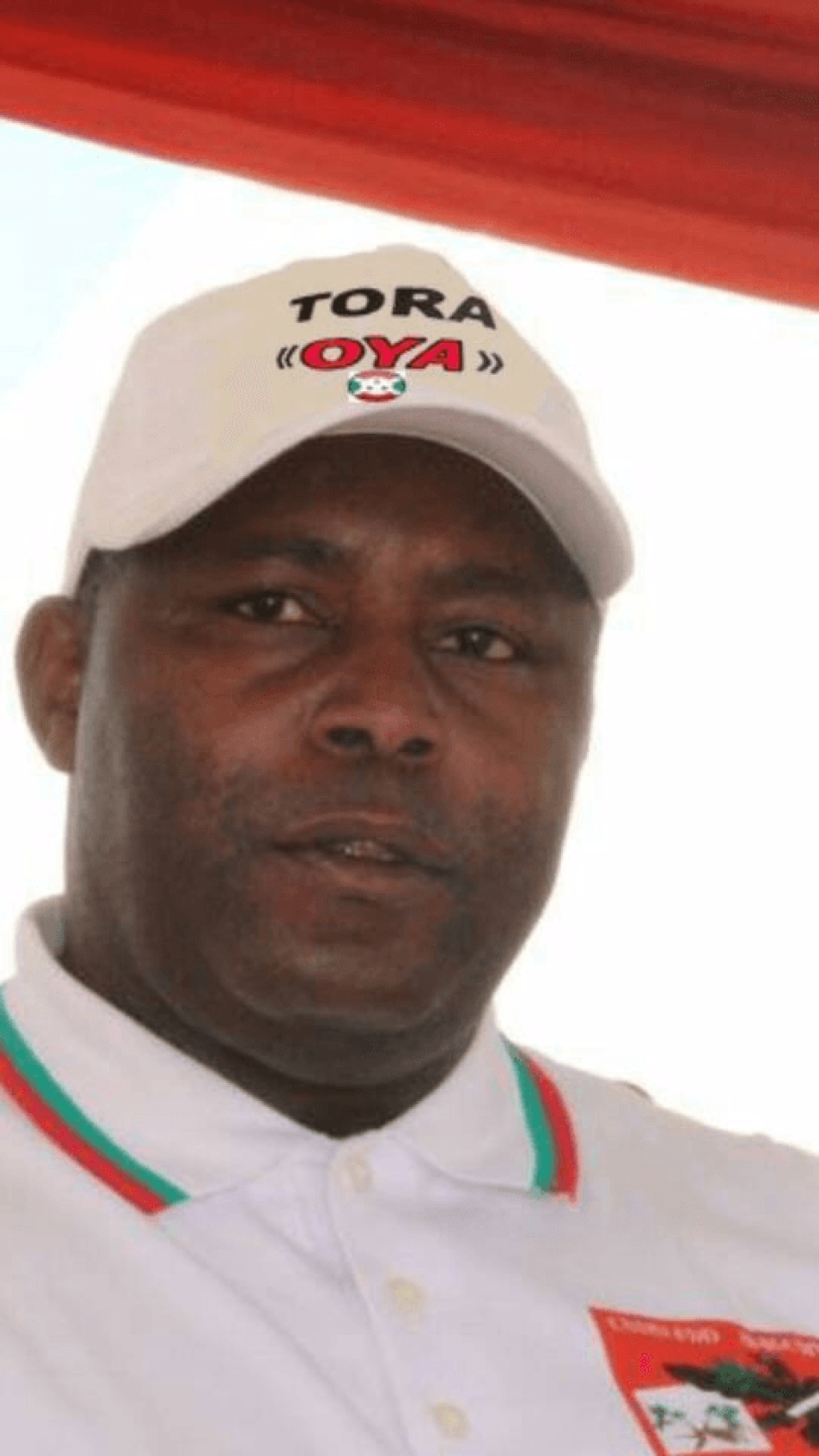 A photoshopped photo of Burundi’s ruling party’s secretary general, Évariste Ndayishimiye, wearing a hat that reads “Vote No” in Kirundi. A man was charged with endangering state security because he circulated the image over WhatsApp.