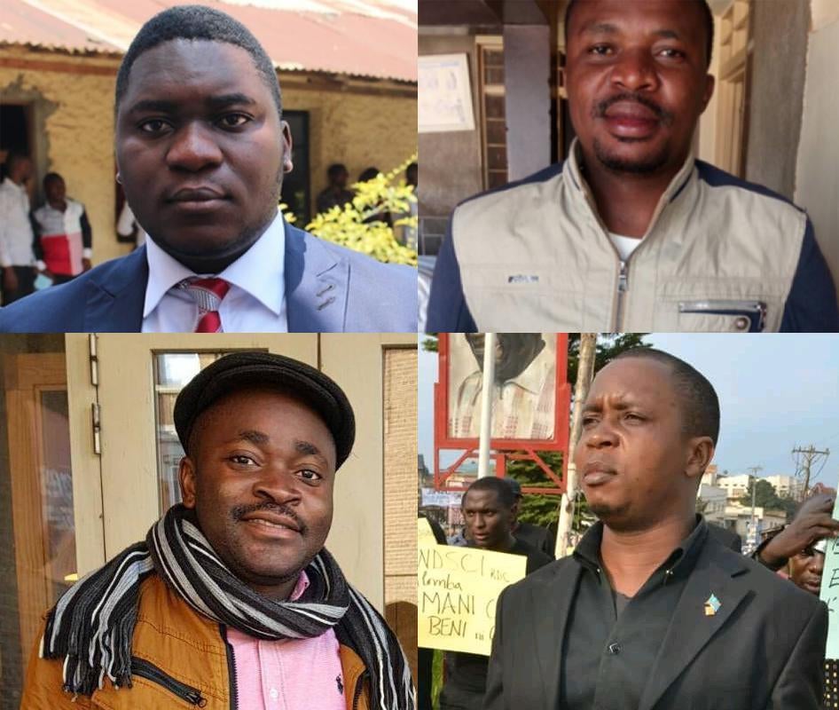 Les journalistes Gaël Mpoyo et Franck Zongwe (en haut, de gauche à droite) et les défenseurs des droits humains Jean-Chrysostome Kijana et Fidèle Mutchungu (en bas, de gauche à droite), de la République démocratique du Congo.