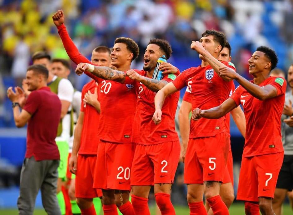 England's Dele Alli, Kyle Walker and team mates celebrate after the match between England and Sweden in World Cup quarterfinals, Samara Arena, Samara, Russia, July 7, 2018.