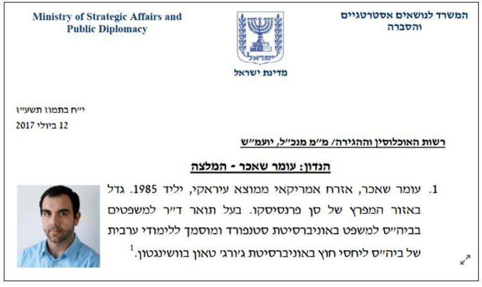 La première page du dossier constitué par le ministre israélien des Affaires stratégiques et de la Diplomatie publique au sujet d'Omar Shakir, chercheur de Human Rights Watch, pour justifier son expulsion d'Israël en mai 2018.