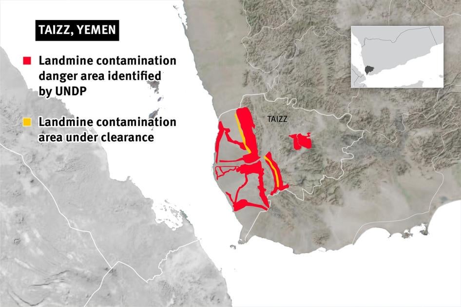 Map showing landmine contamination danger area identified by UNDP. The map is indicative only, as hazardous areas are not precisely known and these maps need to be updated regularly. The areas marked clear are not guaranteed to be free from explosive remn