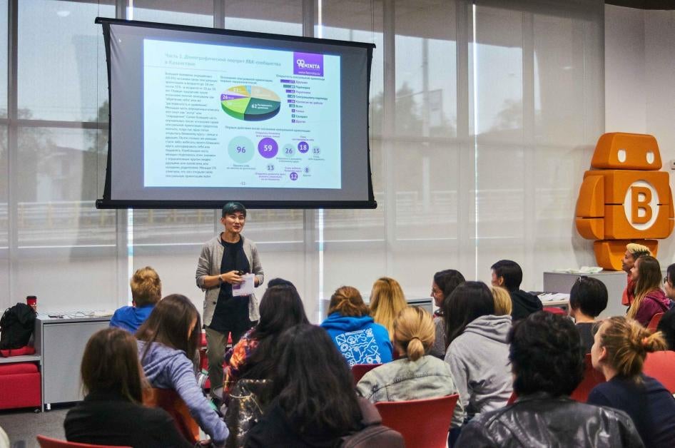 Zhanar Sekerbaeva co-founder of Feminita, a feminist initiative in Almaty, gives a talk on the demographics of lesbian, bisexual, and queer women in Kazakhstan. 