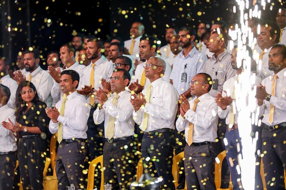 Maldives’ former President Mohamed Nasheed and current President Ibrahim Mohamed Solih take part in an election rally ahead of parliamentary polls, Malé, February 1, 2019.