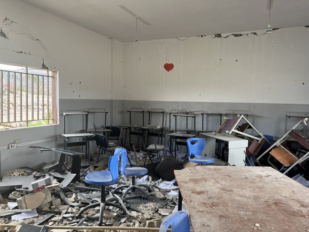 A damaged classroom in Yarine Intermediate Public School, Lebanon, March 6, 2025.