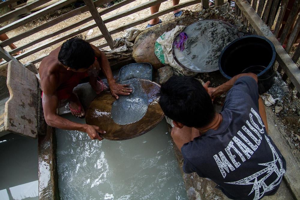 Mercury is mixed with gold ore.   