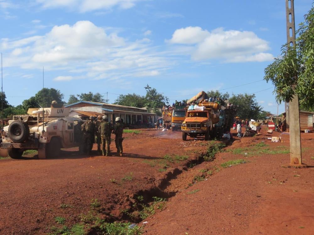 MINUSCA peacekeepers escorting Muslims from the Central Mosque to the Catholic church in Bangassou, Central African Republic, on May 16. 