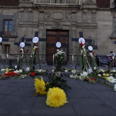 Crosses with the names of 14 journalists and human rights defenders who have been murdered since President Andres Manuel Lopez Obrador took office are pictured in front of the National Palace in Mexico City on Friday, February 22, 2019.