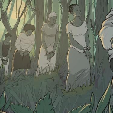 Illustration of women and girls tied up being led away