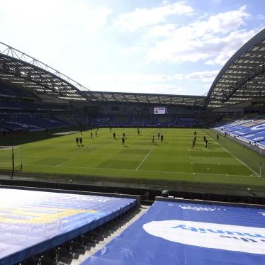 Newcastle United players warm up before the Premier League match at the Amex Stadium, Brighton, United Kingdom on July 20, 2020.