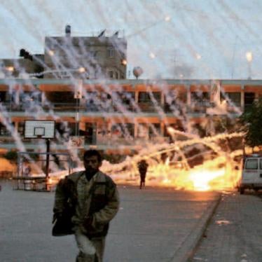 The Israel Defense Forces fired at least three white phosphorus shells above this UN-run school in Beit Lahiya on January 17, 2009, killing two and wounding 14. The school was housing about 1,600 displaced persons at the time. 