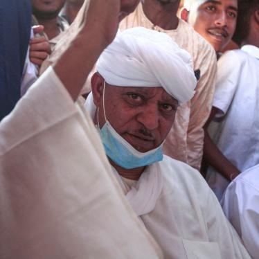 Sudanese Janjaweed militia chief Musa Hilal waves following his release in the Maamoura suburb of the capital Khartoum, Sudan, March 11, 2021. 