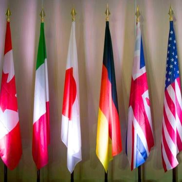 Flags of the G7 Europe, Canada, Italy, Japan, Germany, England, USA and France in Paris, France on July 4th, 2019.