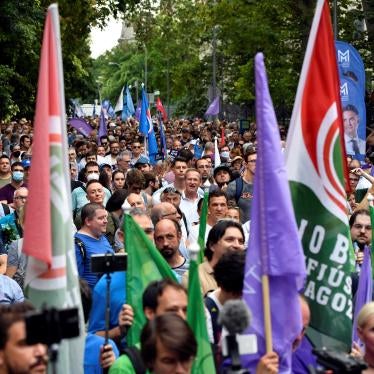 People march in Budapest, Hungary during a July 26, 2021 protest against the Hungarian government over reports that it has used Pegasus spyware.