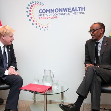 UK Prime Minister Boris Johnson (left), then Foreign Secretary, and Paul Kagame (right), President of Rwanda, meet during the Commonwealth Heads of Government Meeting in London, April 17, 2018.