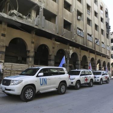 Vehicles of an aid convoy after arriving at the opposition-held city of Douma, Eastern Ghouta province, Syria, March 9, 2018.