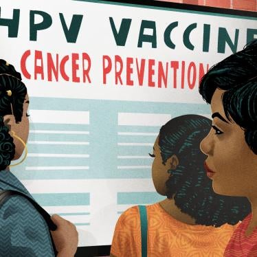 Illustration of three Black women reading a poster titled "HPV Vaccine: Cancer Prevention"