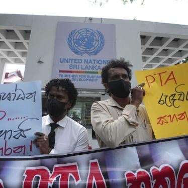 Sri Lankan human rights activists protest against the Prevention of Terrorism Act outside the UN office in Colombo, March 3, 2022.