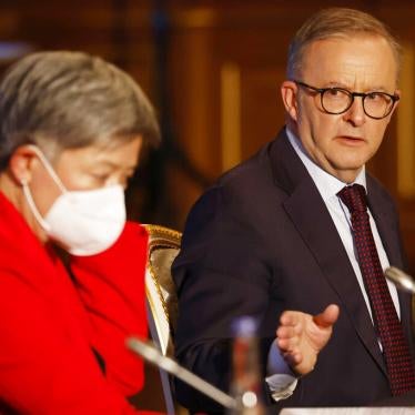 Australian Prime Minister Anthony Albanese, flanked by Foreign Minister Penny Wong