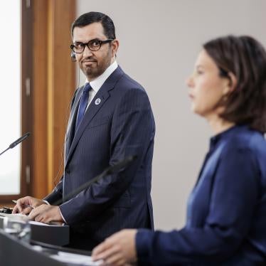 Sultan Ahmed al Jaber, the new president of COP28, with the German federal foreign minister, Annalena Baerbock, at the Petersberg Climate Dialogue in Berlin, May 3, 2023. 