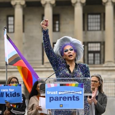 Drag artist Vidalia Anne Gentry speaks during a news conference held by the Human Rights Campaign to draw attention to anti-drag bills in the Tennessee legislature, Nashville, Tennessee, February 14, 2023. 