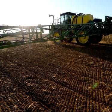 A French farmer sprays glyphosate herbicide in a cornfield in northwestern France, April 23, 2021.