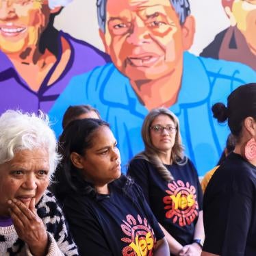 Aunty Shirley Lomas (L) looks on at a media conference in Redfern, Sydney, Australia ahead of the October 14, 2023 referendum to decide on an Indigenous voice to parliament.