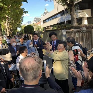 Eiko Kawasaki and other plaintiffs celebrate outside a Tokyo courthouse after a high court found the North Korean government liable for human rights violations against Korean and Japanese citizens it had lured to North Korea through its “Paradise on Earth Campaign,” Tokyo, Japan, October 30, 2023.