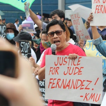 Protest over the killing of labor leader Jude Thaddeus Fernandez in Manila, Philippines, October 5, 2023.