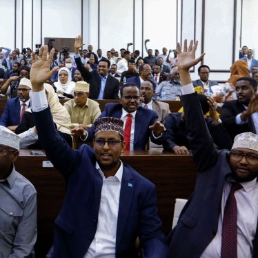 Somali members of Parliament vote on a resolution on the procedural rules for constitutional amendments, Mogadishu, Somalia, January 24, 2024.