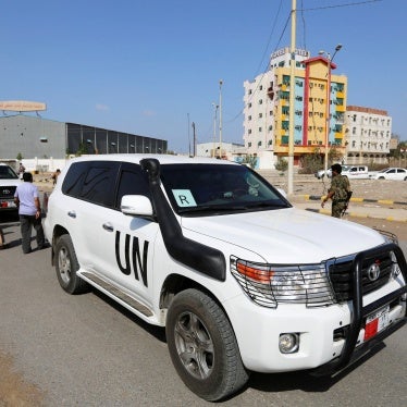 A convoy from the United Nations and World Food Program crosses from Houthi-controlled areas to a government-controlled area to reach grain mills in an eastern suburb of Hodeidah, Yemen, February 26, 2019. 