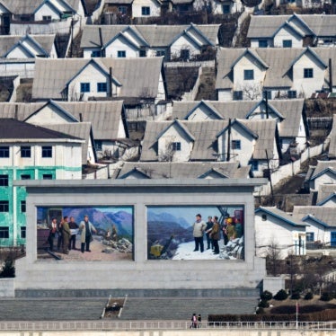 Rows of houses and a billboard in North Korea.