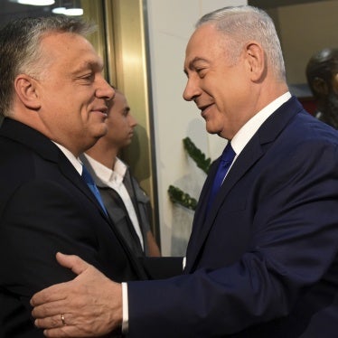 Hungarian Prime Minister Viktor Orban, left, is welcomed by Israeli Prime Minister Benjamin Netanyahu in Jerusalem, July 19, 2018. 
