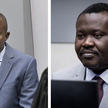 Alfred Yékatom, left, and Patrice-Edouard Ngaïssona, right, taken on Nov. 23, 2018 and Jan. 25, 2019 respectively when they appeared before the International Criminal Court (ICC) in The Hague, Netherlands.