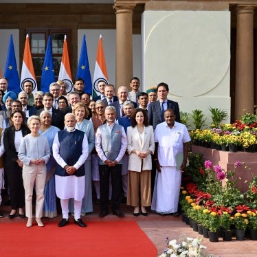 EU Commission President Ursula von der Leyen (center left) and the College of European Commissioners with Indian Prime Minister Narendra Modi and other Indian officials in New Delhi, February 27, 2025.