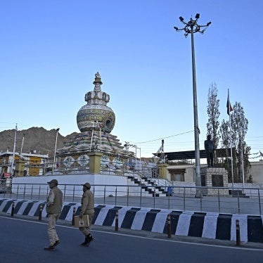 Indian policemen patrol a road in Leh on September 25, 2025. 