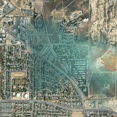 A methane emissions event in Bakersfield, California, captured by the Methane Risk Map.