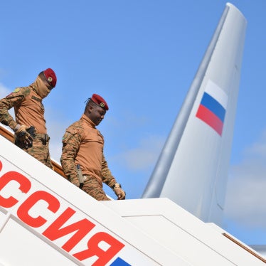 Burkina Faso president gets off plane at Moscow airport.