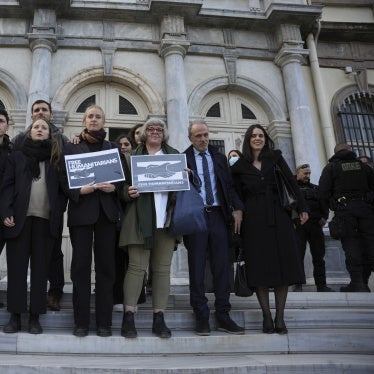 Protesters, lawyers, and aid workers outside a court in Mytilene, on the northeastern Aegean island of Lesbos, Greece, January 13, 2023.