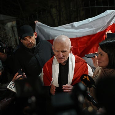 Belarusian human rights defender and former political prisoner Ales Bialiatski in front of the US Embassy in Vilnius, Lithuania, December 13, 2025.