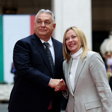 Italian Prime Minister Giorgia Meloni (R) welcomes Hungarian Prime Minister Viktor Orban in Rome, Italy, October 27, 2025.