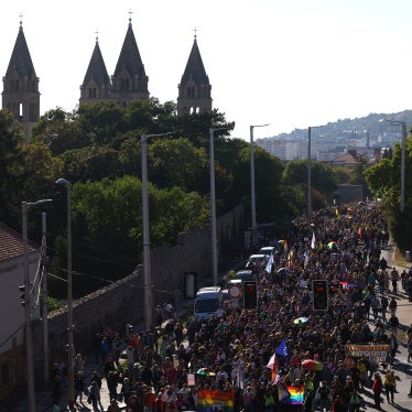 People attend the Pecs Pride March, which was banned by police, in Pecs, Hungary, October 4, 2025.