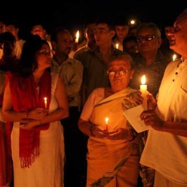 Kanak Mani Dixit speaks to people gathered in support of a ceasefire announcement in Kathmandu, Nepal on September 3, 2005.