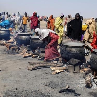 Women cook in pots heated up with firewood at an Internally Displaced Persons (IDP) camp at Dikwa in Borno State, north-eastern Nigeria, on February 2, 2016.